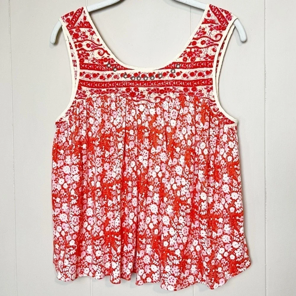 Free People Lucky Coin Sleeveless Top XS linen red floral tank blouse flowy boho